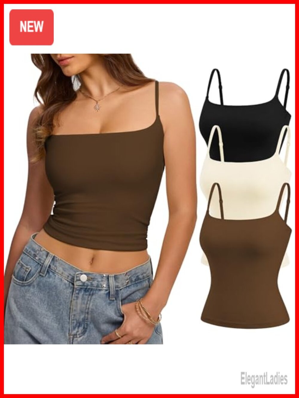 Womens 3 Pack Double Lined Spaghetti Strap Tank Top Square Neck